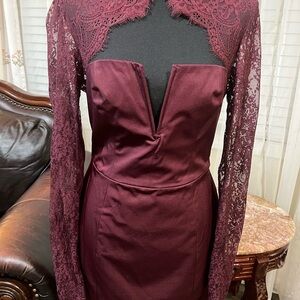 Stunning House of CB Deep Red Burgandy Lace Long Sleeve Dress!